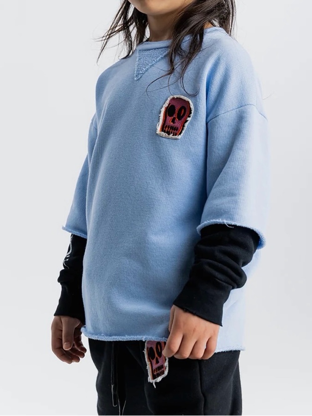 Nununu Kids Sweatshirt Blue Skull Patch Long Sleeve Layered Shirt Size 12-18M